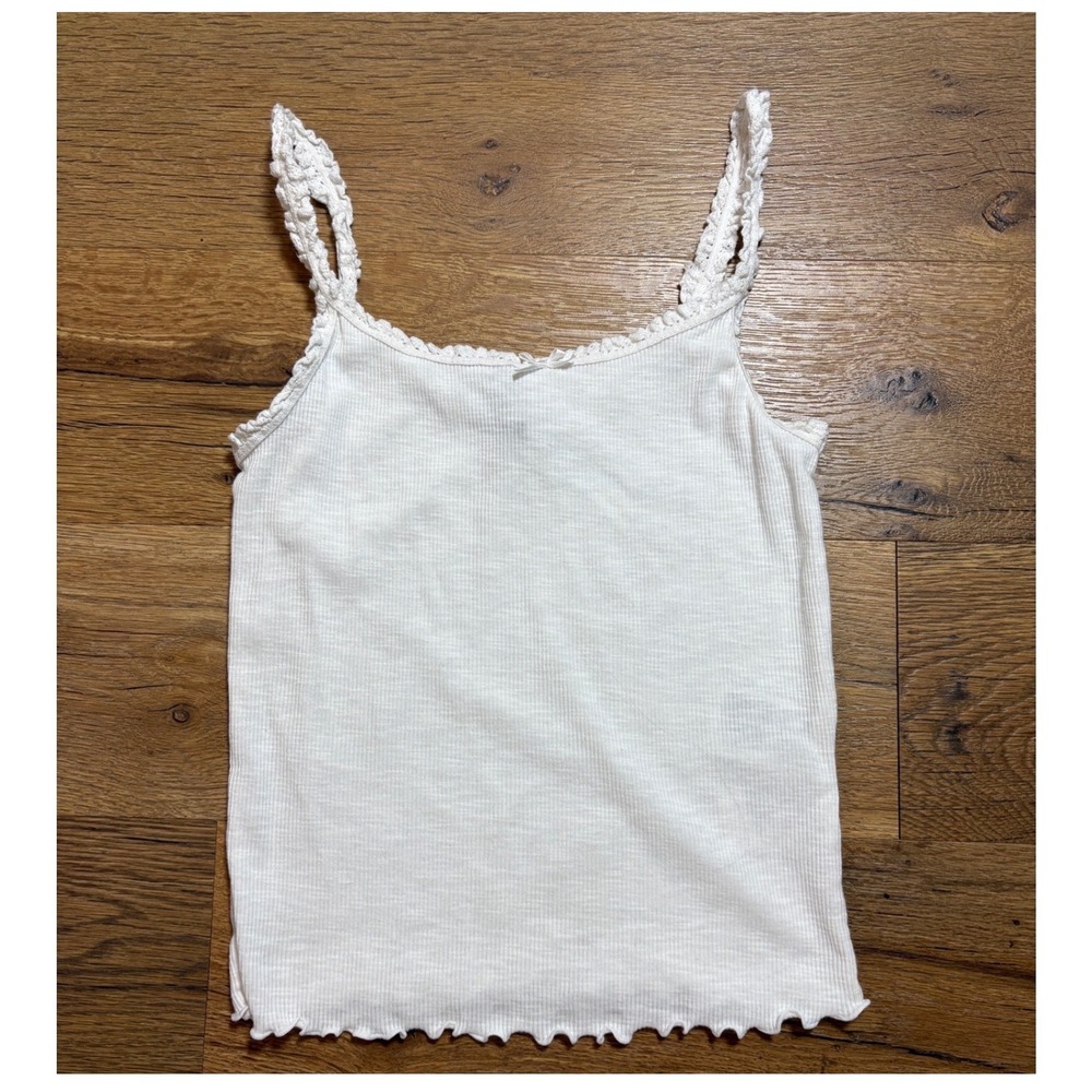 HM Divided Women White Ribbed Crochet Trim Camisole Tank Top Lettuce Hem Size M